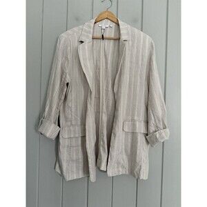 Chico’s Linen Blend Stretch Stripe Blazer 10 Beige White Gold Minimalist 1.5